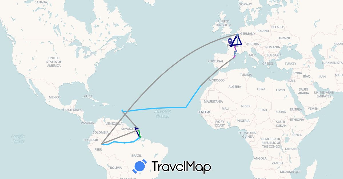 TravelMap itinerary: driving, bus, plane, cycling, train, boat in Belgium, Brazil, Switzerland, Colombia, Cape Verde, Dominica, Spain, France, French Guiana, Martinique, Peru (Africa, Europe, North America, South America)